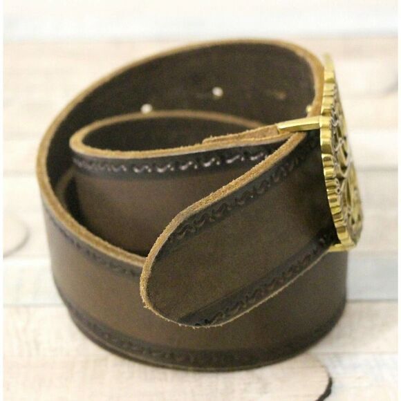 BROWN GENUINE LEATHER HOOK BUCKLE EMBOSSED CASUAL 1.5"Wd WOMEN'S BELT S/M (M37 - Picture 4 of 9